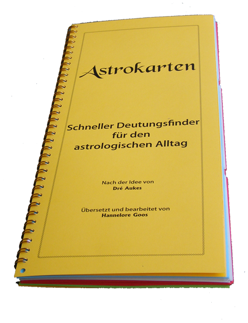 Ein Ringband aus bunten Kärtchen, die oberste Seite ist gelb. Aufschrift: Astrokarten, Schneller Deutungsfinder für deb astrologischen Alltag. Autoren