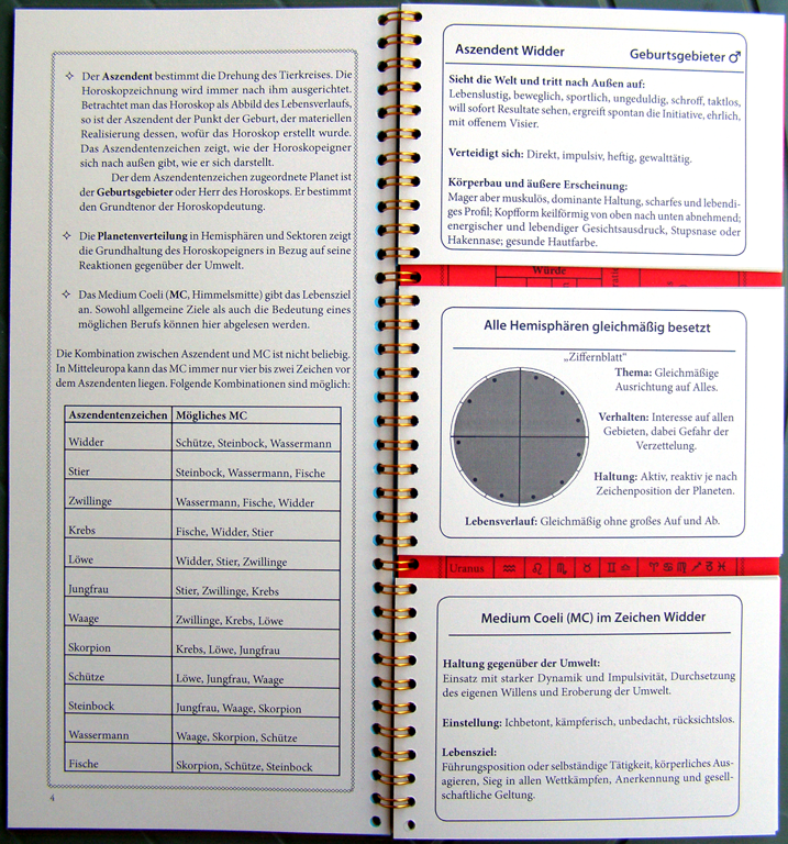 Doppelseite aus dem Abschnitt "Anordnung und Verteilung" Links Erläuterungen zu AS, Planetenverteilung, MC und eine Tabelle welche MC bei den verschiedenen AS möglich sind