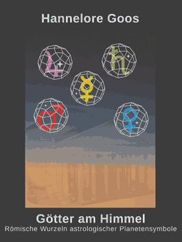 Über einem schattenhaft en Pantheon im Sonnenuntergang sind Gitterkugeln angeordnet, in denen die Symbolzeichen für die Hauptplaneten eingeschlossen zu sein scheinen. Darüber der Name der Autorin, darunter Titel und Untertitel des Buchs. 
