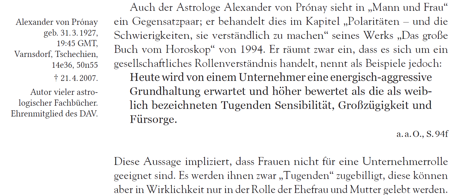 Hinweis auf den Astrologen Alexander von Prónay und seine Einschätzung von männlich und weiblich