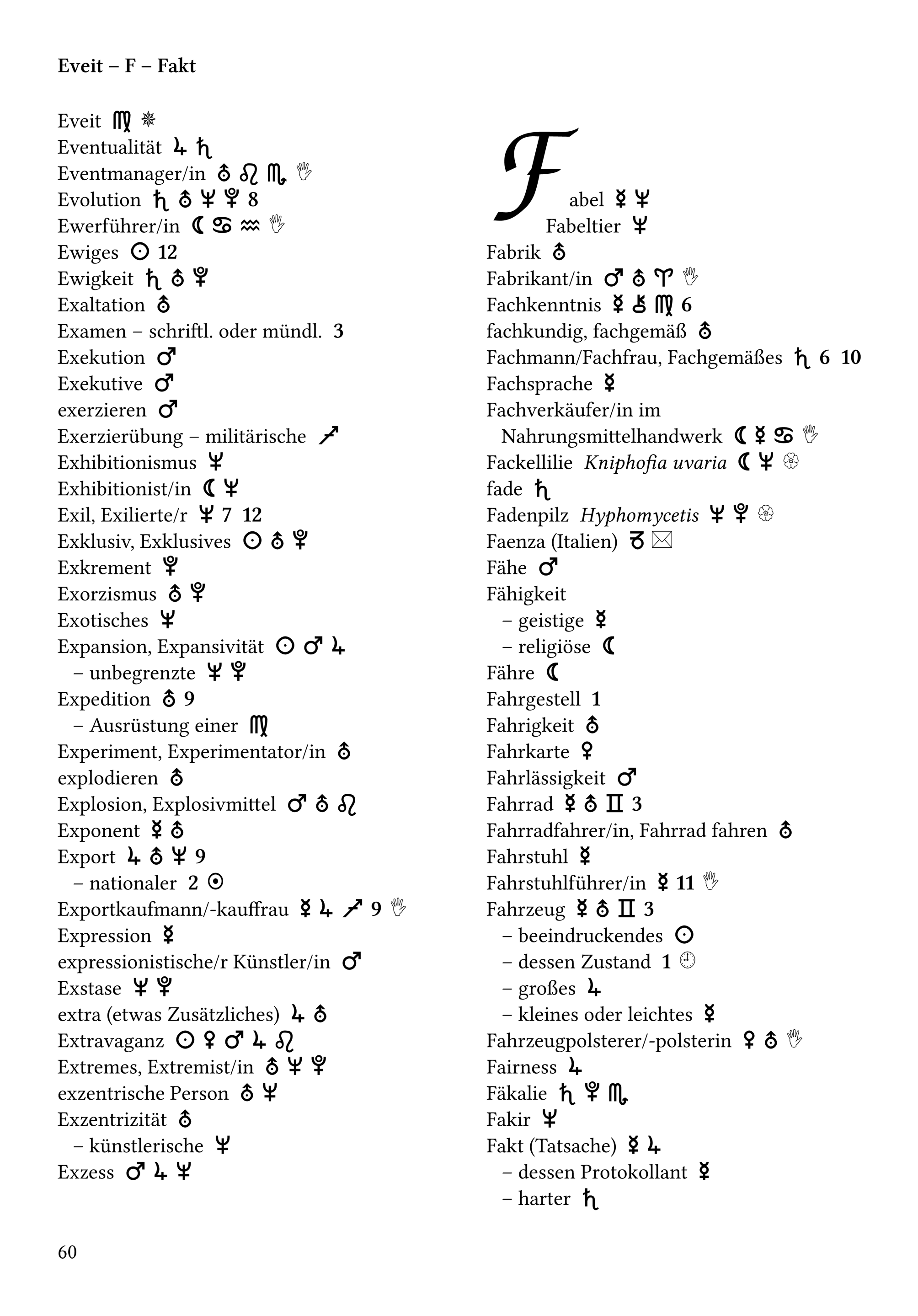 Seite 60 im Band 1 des "Handbuchs der astrologischen Zuordnungen", Eveit – F – Fakt