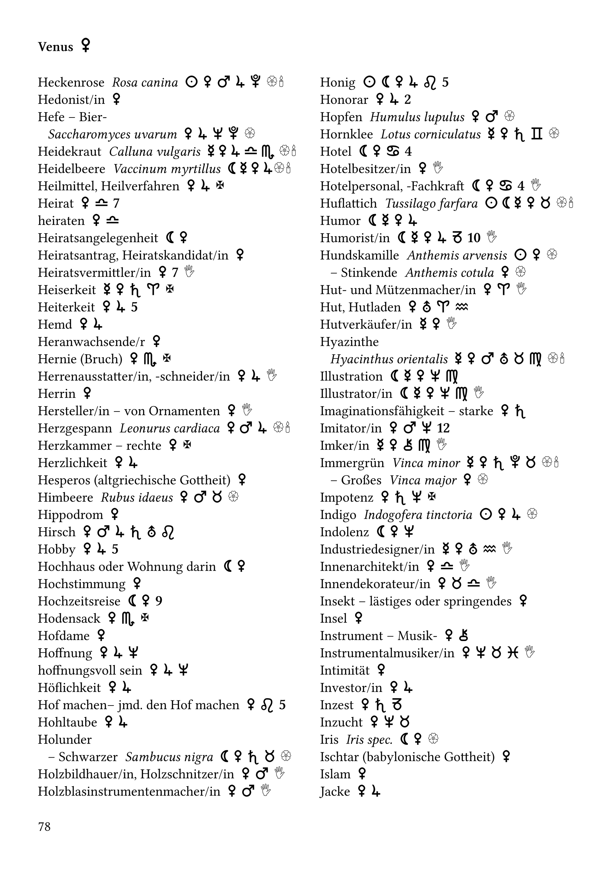 Seite 78 im Band 1 des "Handbuchs der astrologischen Zuordnungen", Eveit – F – Fakt