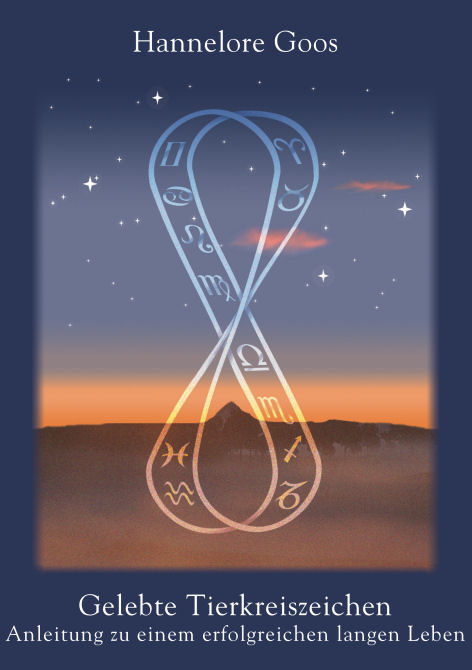 Oben Autorenname. Darunter eine Landschaft mit Sternenhimmel, die Farben sind so, dass man nicht erkennen kann, ob es Sonnenaufgang oder Sonnenuntergang ist.Davor ein Tierkreis zu einer aufrechten Lemniskate verdreht, so dass der Eindruck einer Sanduhr entsteht, betont durch einen Berg in der Landschaft, wo der Sand sich sammeln würde, Darunter Titel und Untertitel. 