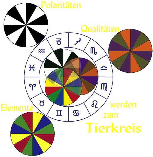 Der Aufbau des Tierkreises schematisch dargestellt: Um den Tierkreis drei Kreise für Polaritäten(schwarz/weiß), Qualitäten (orange, braun, oliv) und Elemente (blau, rot, grün, gelb); im Innern des Tierkreises noch einmal die drei Kreise sich überlappend.